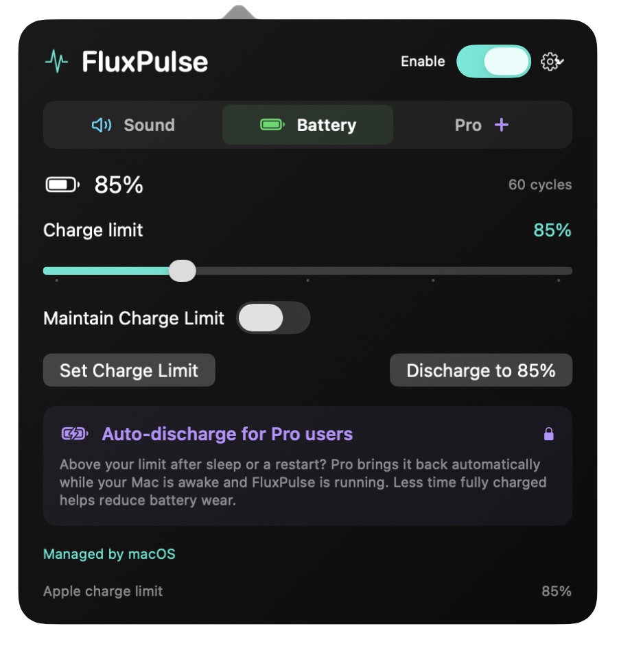 FluxPulse Battery tab showing charge limits, manual discharge and Pro Auto-discharge
