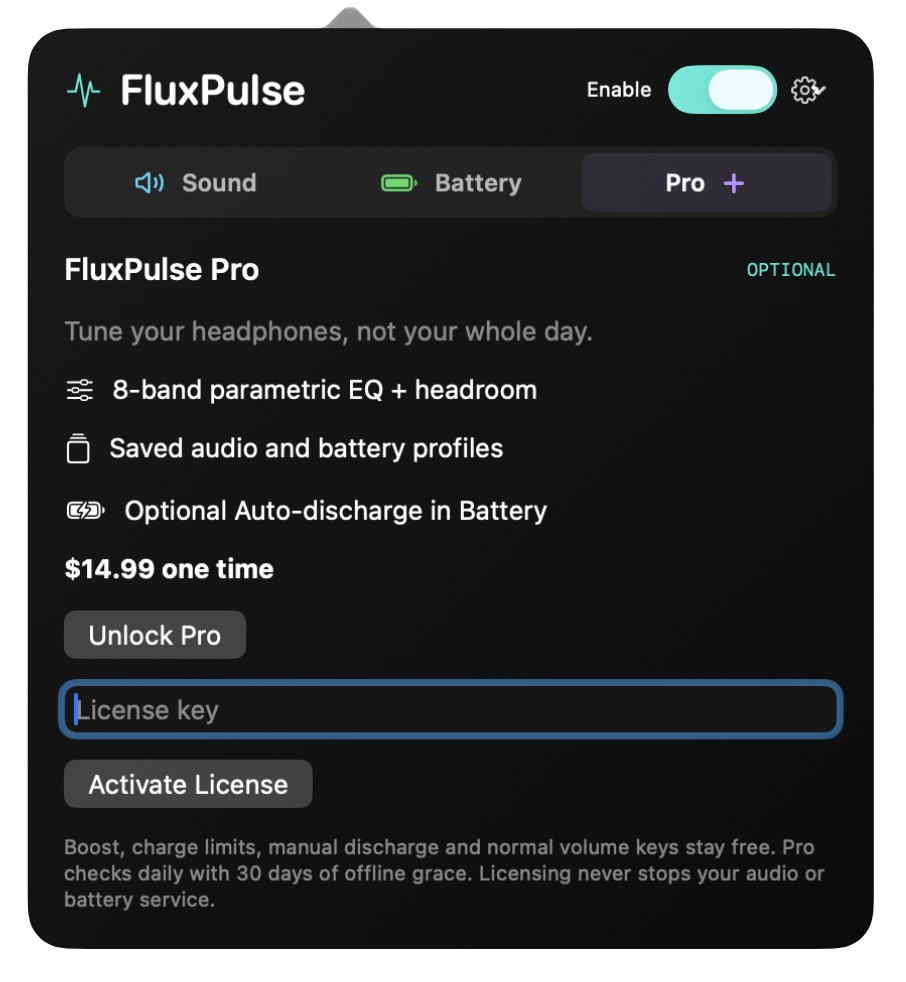 FluxPulse Pro features and license activation controls