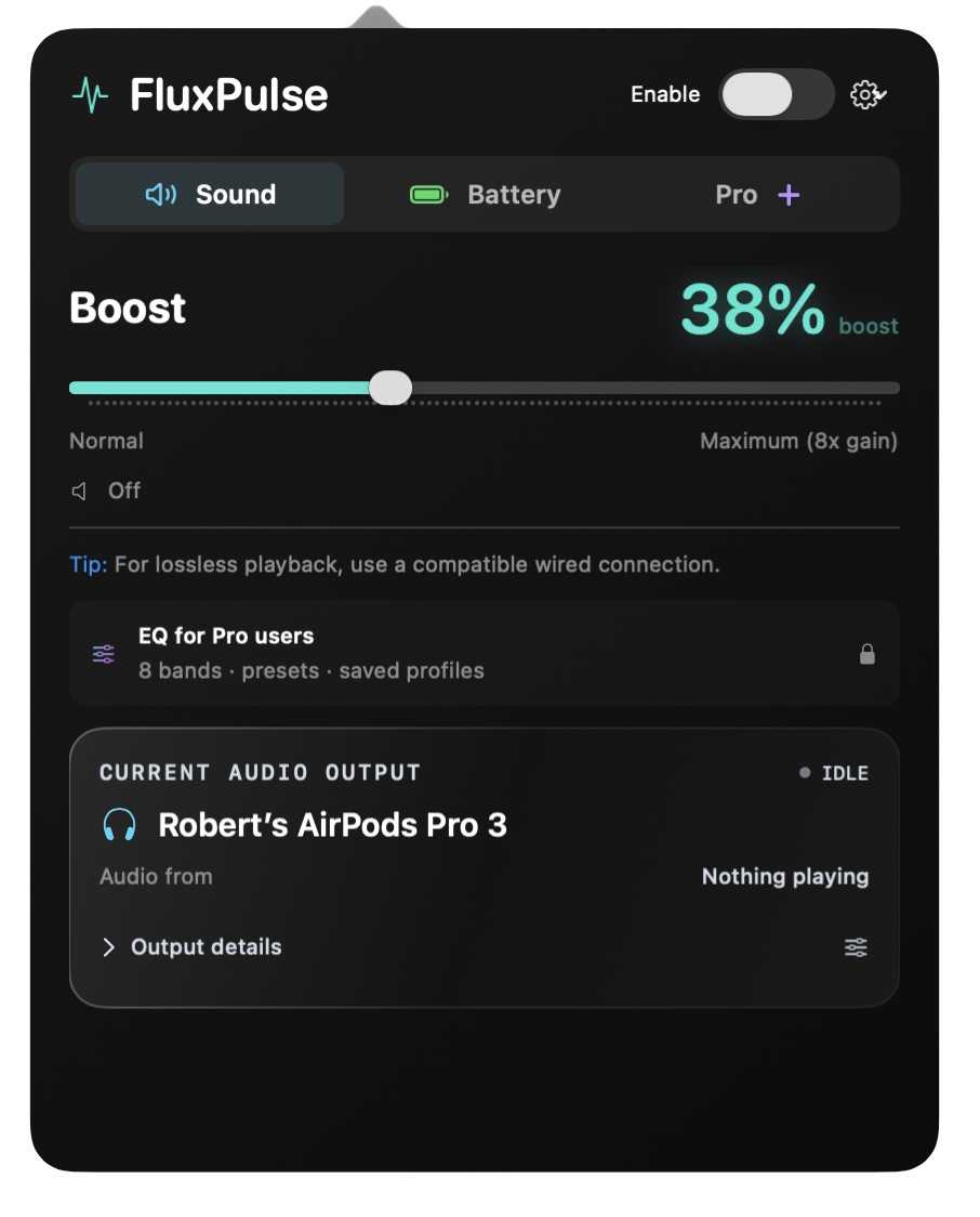 FluxPulse Sound controls in the Mac menu bar